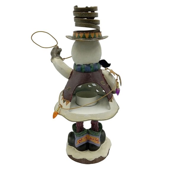 Metal Snowman Cowboy Tea Light Candle Holder Figurine Whimsical Design - Picture 3 of 9